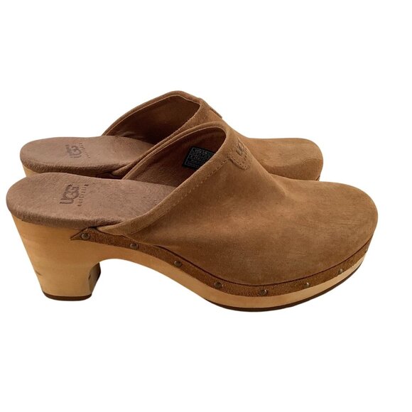 UGG JUDI CHESTNUT SUEDE / WOOL 2.75" CLOG PLATFORM HEELS SIZE US 6 WOMEN - Picture 2 of 8
